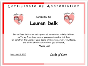 The certificate I got via email just before going to get my head shaved April 2, 2015